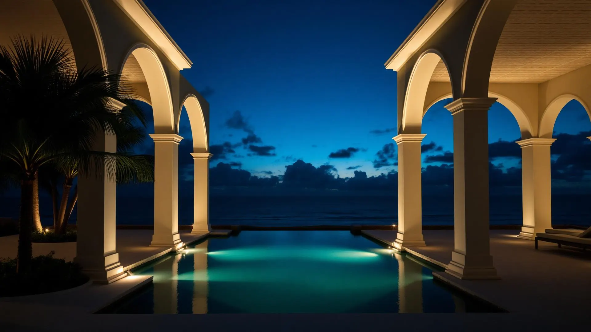 Luxury Mauritius beachfront villa at dusk