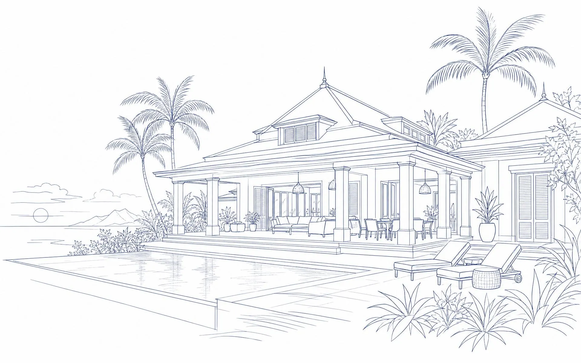 Editorial view of a luxury villa at golden hour in Mauritius
